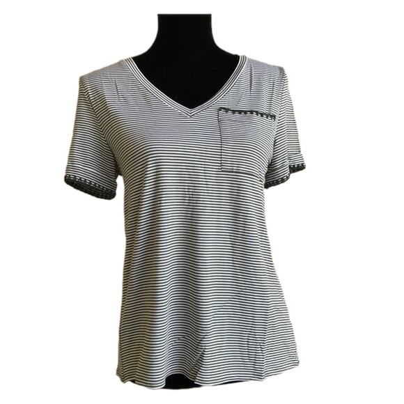 Skies Are Blue Womens Top Size Small Olive Green White Striped Knit Buttons NEW - Picture 1 of 5